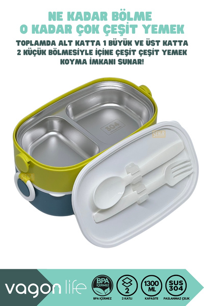 Vagonlife Bento 1300ml Lunchbox New Collection 2 Layer 3 Compartment Stainless Steel Lunch Box Food Container