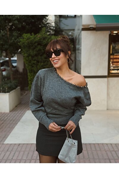 dgs look Pulover de tricotat cu detalii de perle decolteu larg pentru femei S...