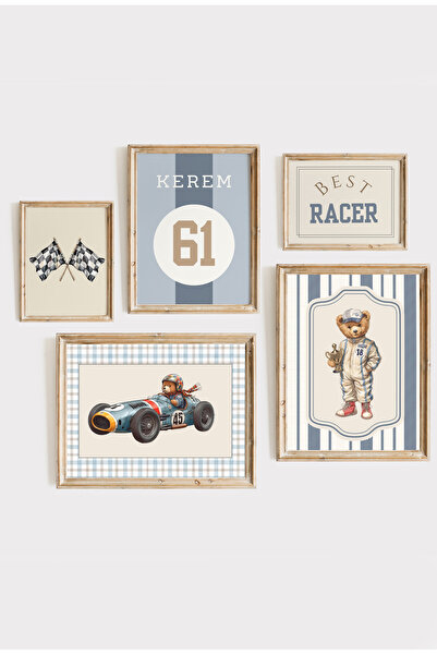 Kids Vintage Yarışcı Ayı temalı Çerçeveli 5li Set