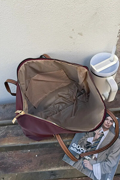 LEONAS Striped Front Eyelet Women's Shopper Bag Carmira St0023 Burgundy