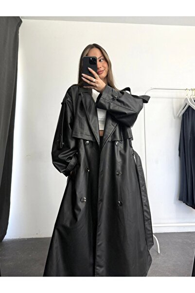 nona butik Lilian Leather Trench Coat - Black