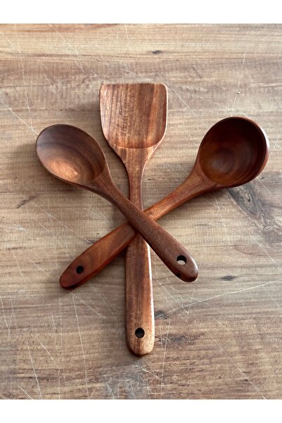 LeesHome Acacia Wood Handmade Wooden Spoon 26cm Ladle 28cm and Spatula Set 34 Cm.