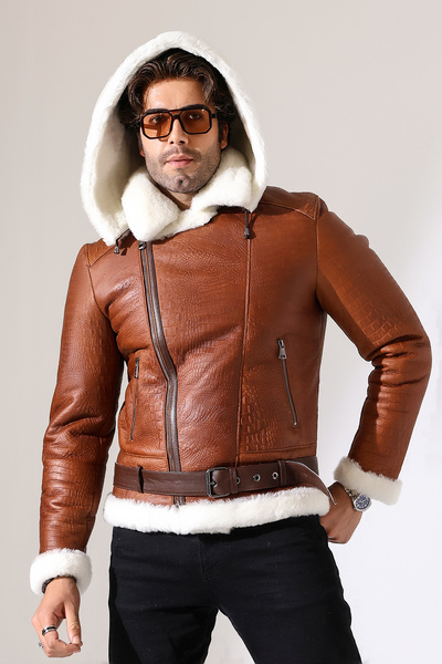 By Marki Marki Erkek Hakiki Kürklü Deri Mont Kahverengi 74 cm Kemerli Kapüşonlu