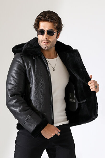 By Marki Marki Erkek Hakiki Kürklü Deri Mont Siyah 70 cm Kapüşonlu Fermuarlı