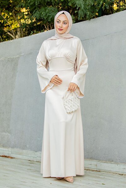 Tesettür Çarşım Kol ve Bel taş Detaylı Saten Abiye-Bej