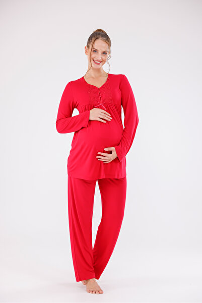 Yulem Homewear Red Velvet Shawl Collar Lace Design Maternity Maternity Dressing Gown 3-Piece Pajama Set