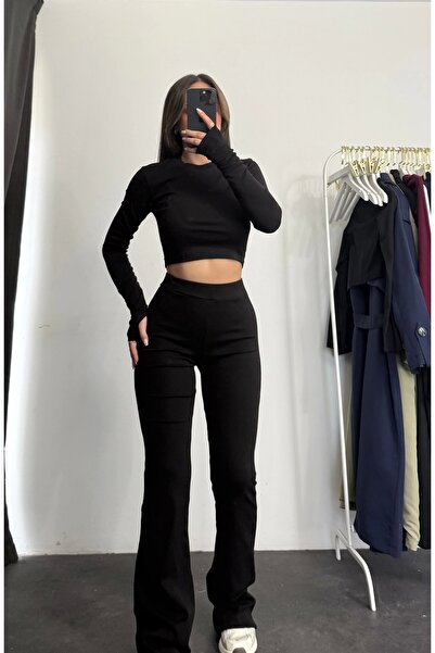 nona butik Σετ Fine Basic Crop - Μαύρο