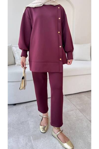 Molly Nelly Γυναικείο Σετ Παντελόνι Σκουμπά με Πλαϊνά Κουμπώματα Τσόκερ