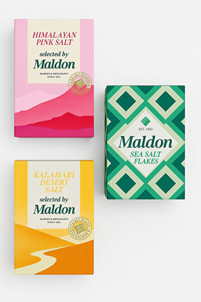 Maldon 3’lü Premium Tuz Seti – Sea Salt Flakes, Himalayan Pink Salt, Kalahari Desert Salt