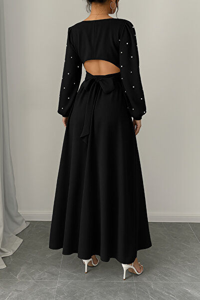 Deafox Rochie din țesătură creponată cu decolteu înalt, cu mâneci prințesă, cu detaliu de perle negre