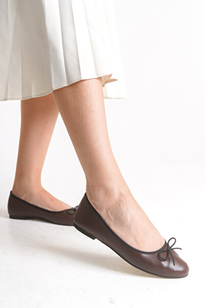 VONJE MARY Kadın Günlük Yuvarlak Burun Balerin Kahverengi Babet