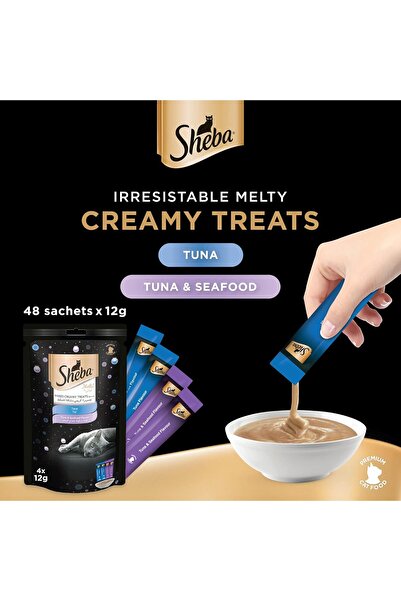 SHEBA طعام القطط، مكافآت كريمية ذائبة بنكهة التونة والتونة والمأكولات البحرية، 2 كيس تونة، 2 كيس تونا