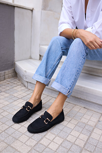 ANGELİNA JONES Piccoli Women's Black Real Suede Buckle Loafer