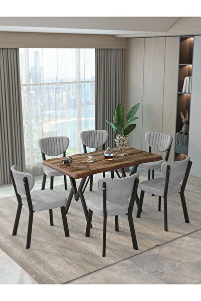Hardalım Consept Mdf Kütük Masa 140x80 Elma Sandalye 6 Adet Babyface Kumaş Mu...