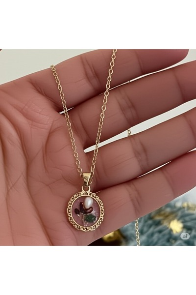 denars jewelry Altın Renk Yuvarlak Çiçek Desenli Zarif Kolye - Romantik Hediy...