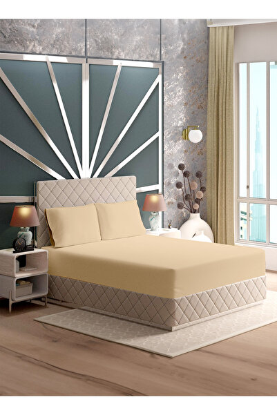 American Linen King Plain Fitted Elastic Bedsheet with 2 Pillow Case 200 x 200 Cm Beige