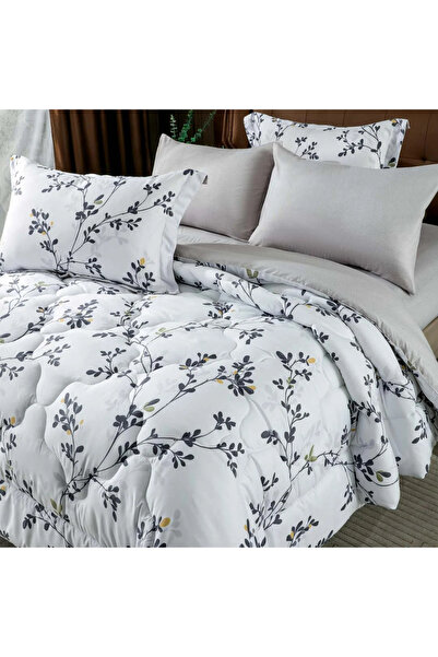 Alhabib bedding Nova Summer Double Bedspread, White and Light Grey, with Floral Designs, 6 Pieces
