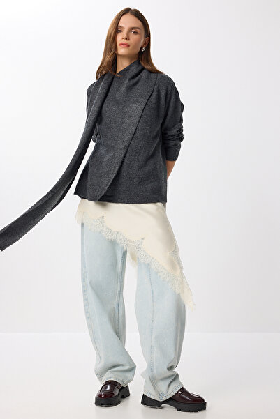 Lovelyİstanbul Pulover tricotat asimetric cu eșarfă LMW0025 ANTRACIT