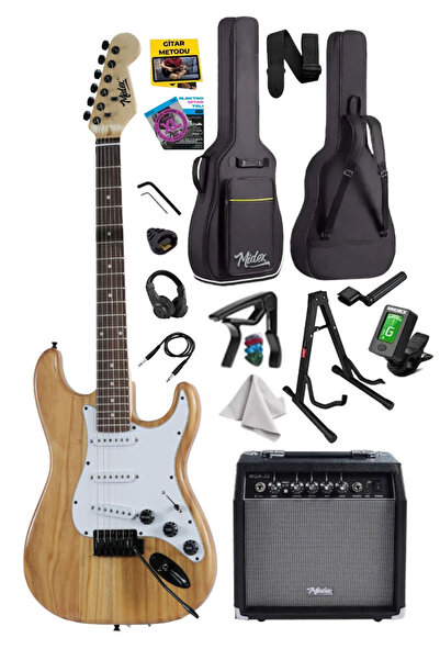 Midex RPH-320WD-35AMP Ahşap Renk Strat Kasa SSS 35W Amfili Elektro Gitar Seti