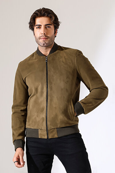 By Marki Marki Erkek Hakiki Süet Deri Pilot Ceket Haki Renk 67 cm Fermuarlı