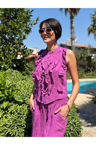 Punta Otantik Nc14092 Ruffled Sleeveless Italian Linen Suit Magenta