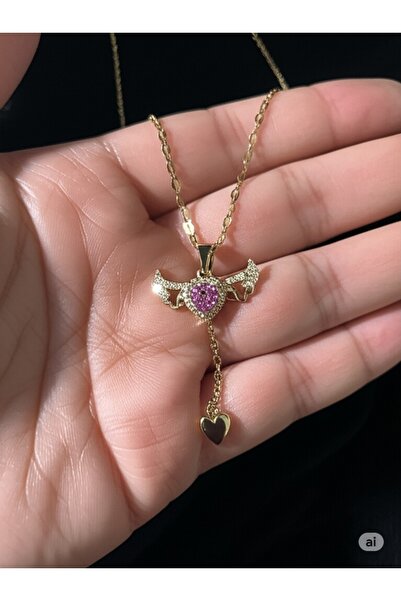 denars jewelry Romantik Kalp Detaylı Melek Kanatlı Pembe Taşlı Altın Renk Kolye