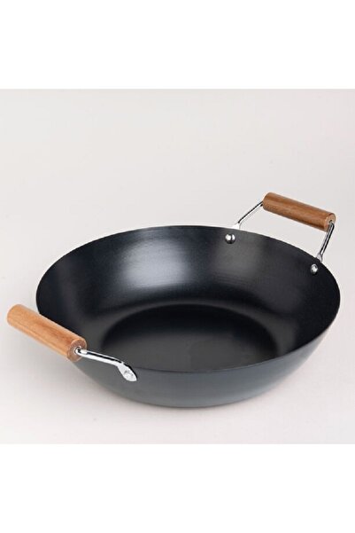 Alberto مقلاة ووك غير لاصقة بمقبض خشبي، شكل دائري، أسود