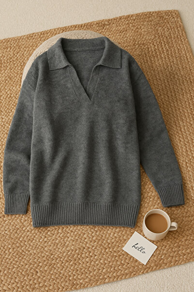 FEMELLE Antrasit Kadın Polo Yaka Oversize Triko Kazak - Standart Beden Yumuşak Dokulu