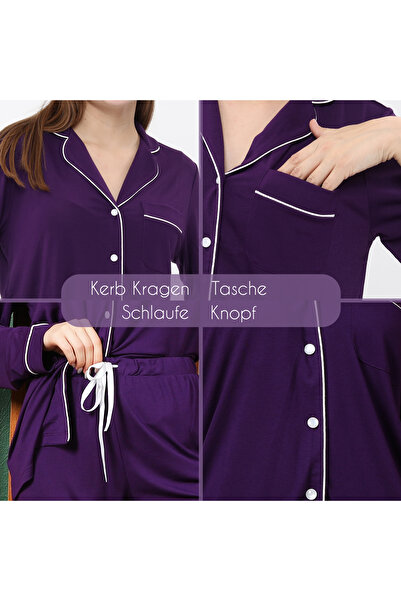 NOLIHOO Kadın Mor Uzun Kollu Pijama Takımı – Düğmeli İki Parçalı Rahat Ev Kıyafeti, Yumuşak Viskon Kumaş
