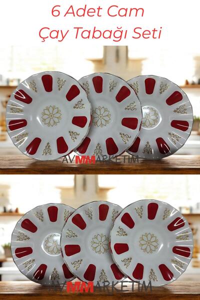 AVMmarketim Klasik Cam Çay Tabağı 6 lı Set Kırmızı Beyaz Çay Bardağı Altlığı