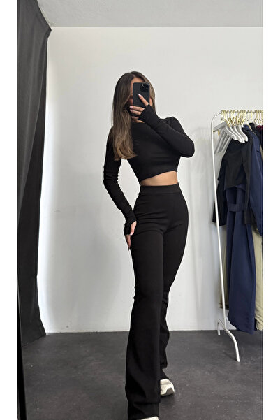 nona butik Σετ Fine Basic Crop - Μαύρο