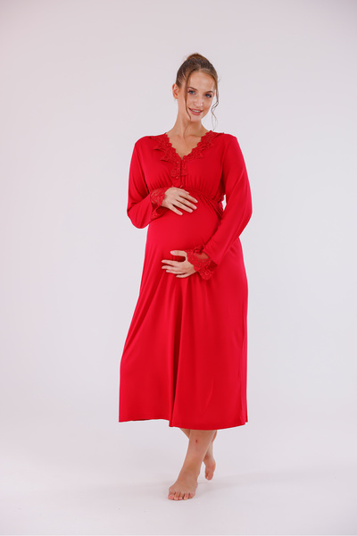 Yulem Homewear Red Lace Detailed Cotton Maternity Nightgown with Nursing Feature