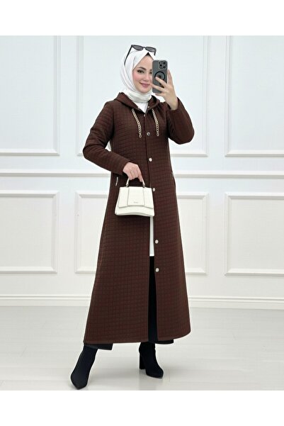 Modamorfo Long Quilted Coat with Chain Detail on the Collar - K. Brown