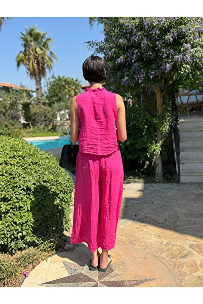 Punta Otantik Nc14092 Ruffled Sleeveless Italian Linen Suit Pink