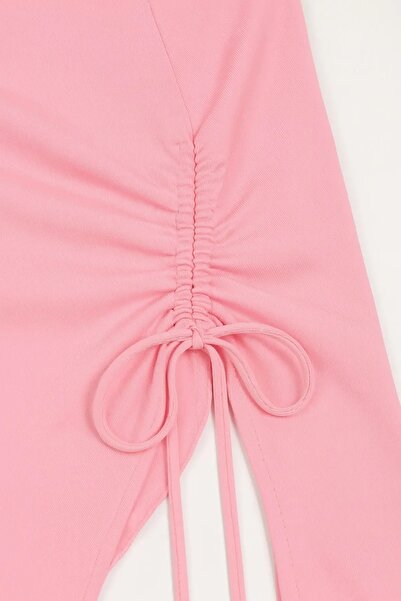 Edela Pink Long Sleeve Asymmetrical Neckline Draped Side Tie Blouse