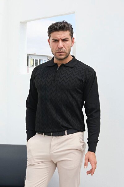Louen lucie Polo Neck Zip Front Long Sleeve Cotton Jacquard Knitwear