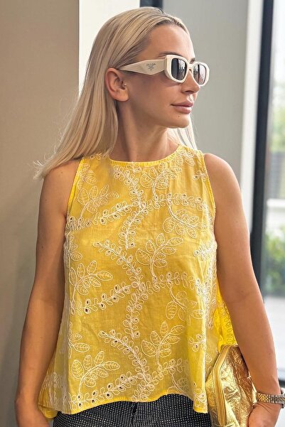 Muna Boutique Embroidered Yellow Comfortable Fit Women's Blouse