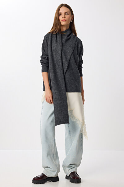 Lovelyİstanbul Pulover tricotat asimetric cu eșarfă LMW0025 ANTRACIT