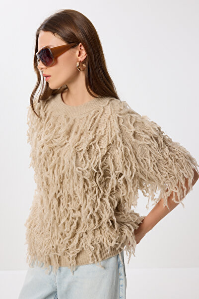 Lovelyİstanbul سترة تريكو بأكمام قصيرة وشراشيب LNS0083 بيج