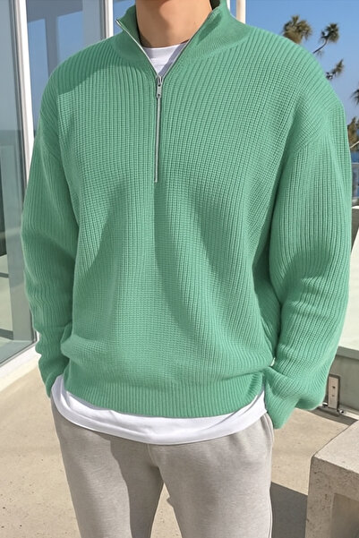 COOL TARZ Water Green Men's Oversized Zippered Fisherman Sweater