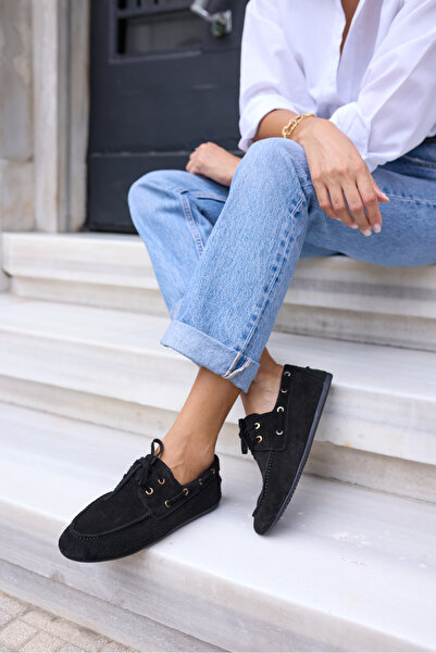 ANGELİNA JONES Claro Women's Black Real Suede Loafer Shoes