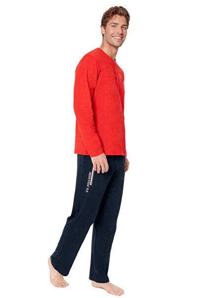 U.S. Polo Assn. Erkek Büyük Beden Pamuklu Uzun Kollu Düğmeli Yaka Eşofman Takımı – Kırmızı