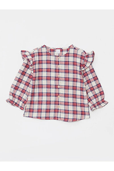 LC Waikiki Lcw Baby Ecru Crew Neck Long Sleeve Plaid Patterned Baby Girl Blouse