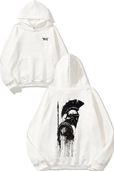 THEWERT Hanorac alb cu glugă cu imprimeu pe spate Spartan 4 Design