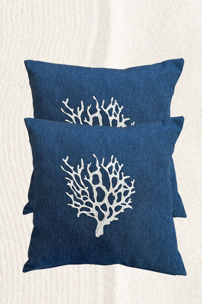 Elegancembroidery Sea Themed Coral Pattern Throw Pillow Cover – Navy Blue Thr...