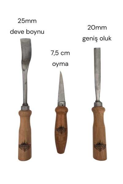 Woody.st 3’lü Ahşap Oyma Bıçak Seti – Deveboynu, Yontma, Geniş Oluk Iskarpela