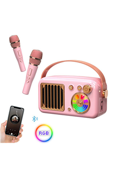 A AOOR Kids Karaoke Set – 2 Wireless Microphones, Bluetooth Speaker, RGB LED Lights, Pink