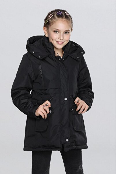 Arafım Butik Kız Çocuk Montu. Yıldız Düğmeli. Belden Lastikli İçi Kürklü