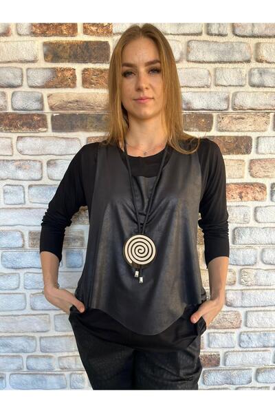 AGORATEKSTİL Kadın Uzun Kol Pamuk Viskon Kumaş Bluz Ve Derili Kolye Hediyeli