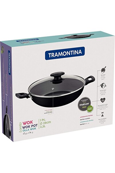 TRAMONTINA Loreto 28cm 3.3L Black Wok Pot with Interior and Exterior Starflon Max PFOA Free Nonstick